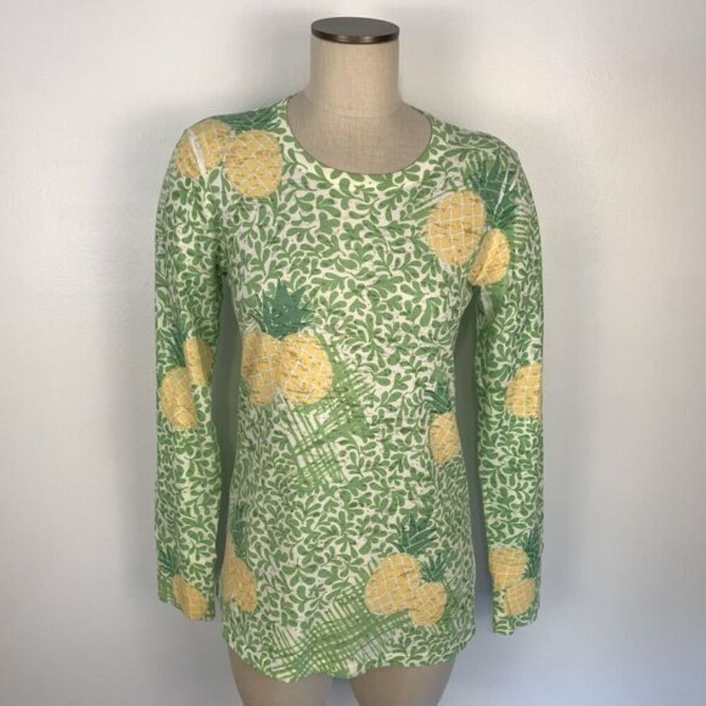 Whimsy Rose Top Shirt Womens Large Baby Wafflle Long Sleeve Pineapple Green
